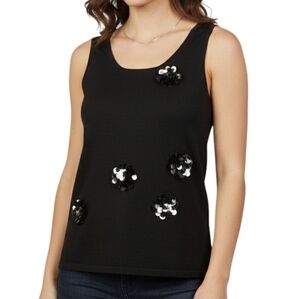 Optimum Tank Top Black Brooch Detail Fitted Vintage Women Medium Sleeveless